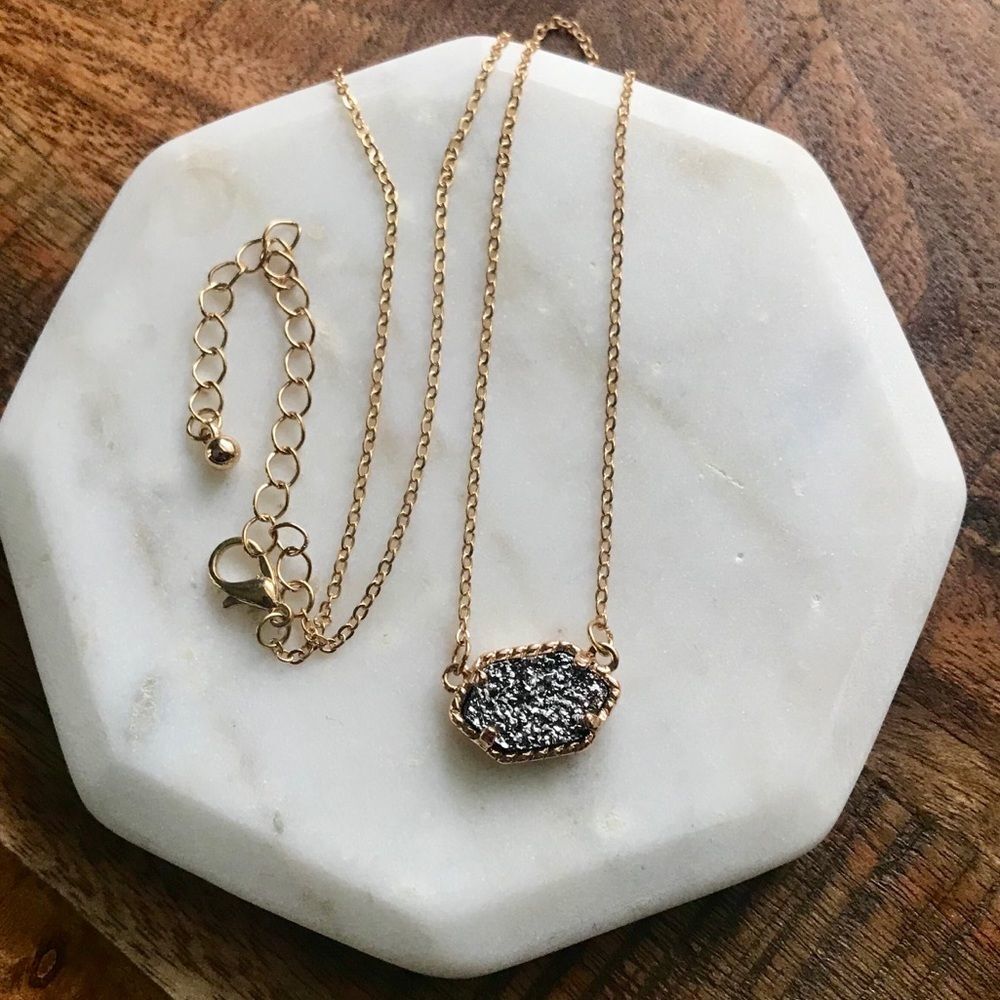 Graphite & Gold Dainty Druzy Stone Layer Necklace Jewelry Short  Gray Pendant